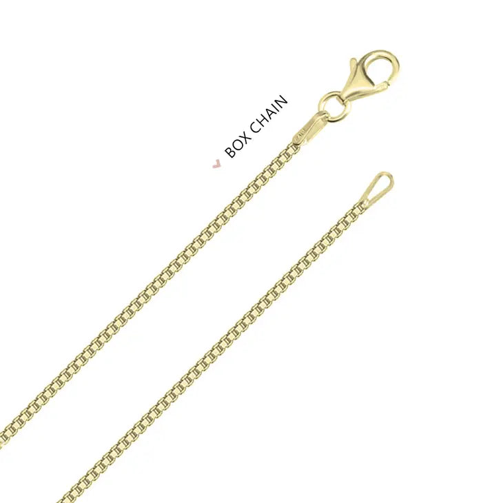 Gold box chain necklace on a white background