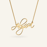 Close-up of a gold plated sterling silver personalized script name necklace featuring the name 'Alyssa' on a fine box chain.