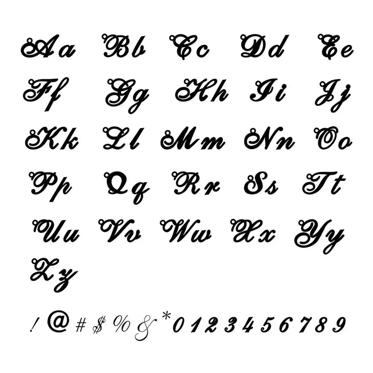 Cursive alphabet and numbers on a white background