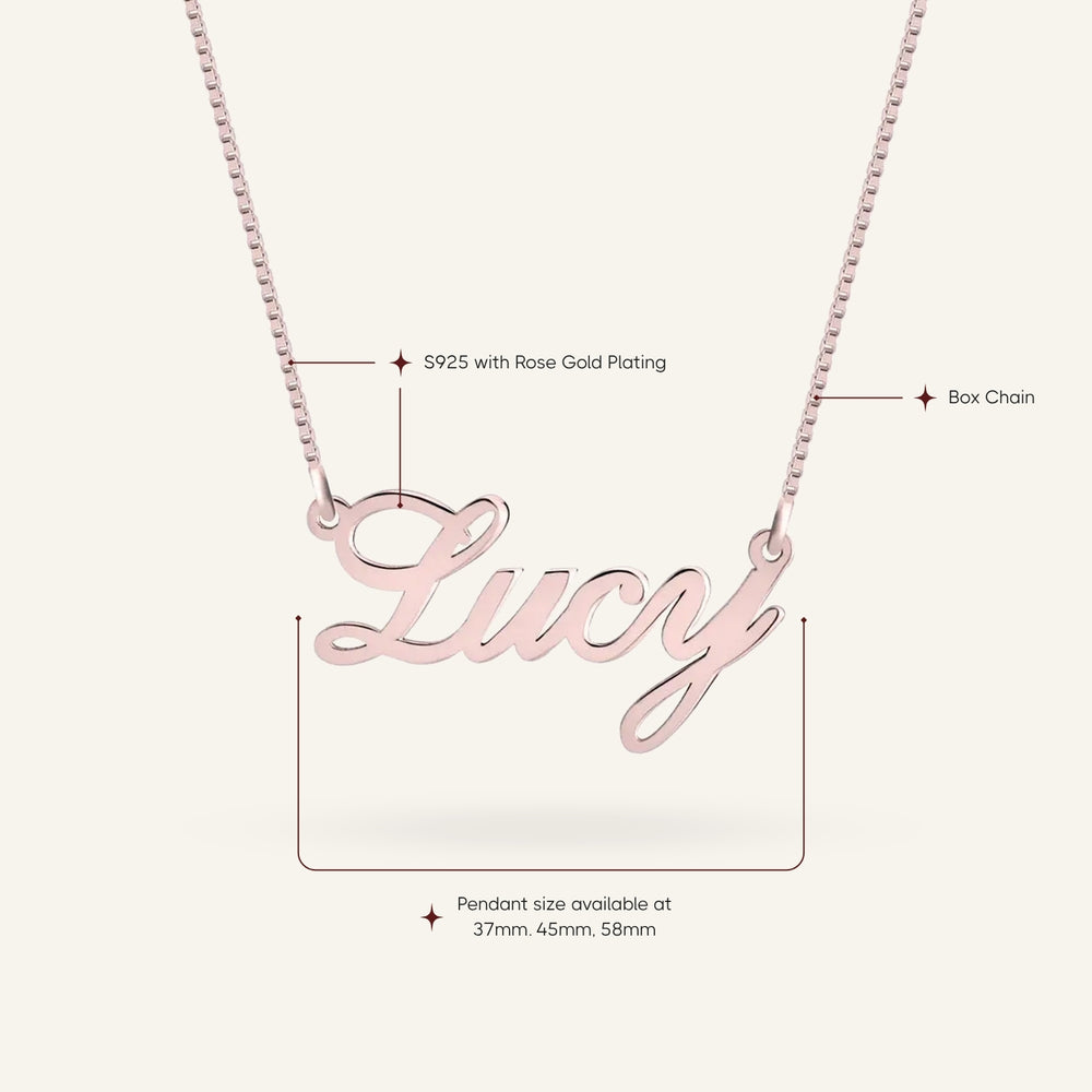 Personalized 'Lucy' name necklace in sterling silver with details for S925 material, box chain, and available pendant sizes.