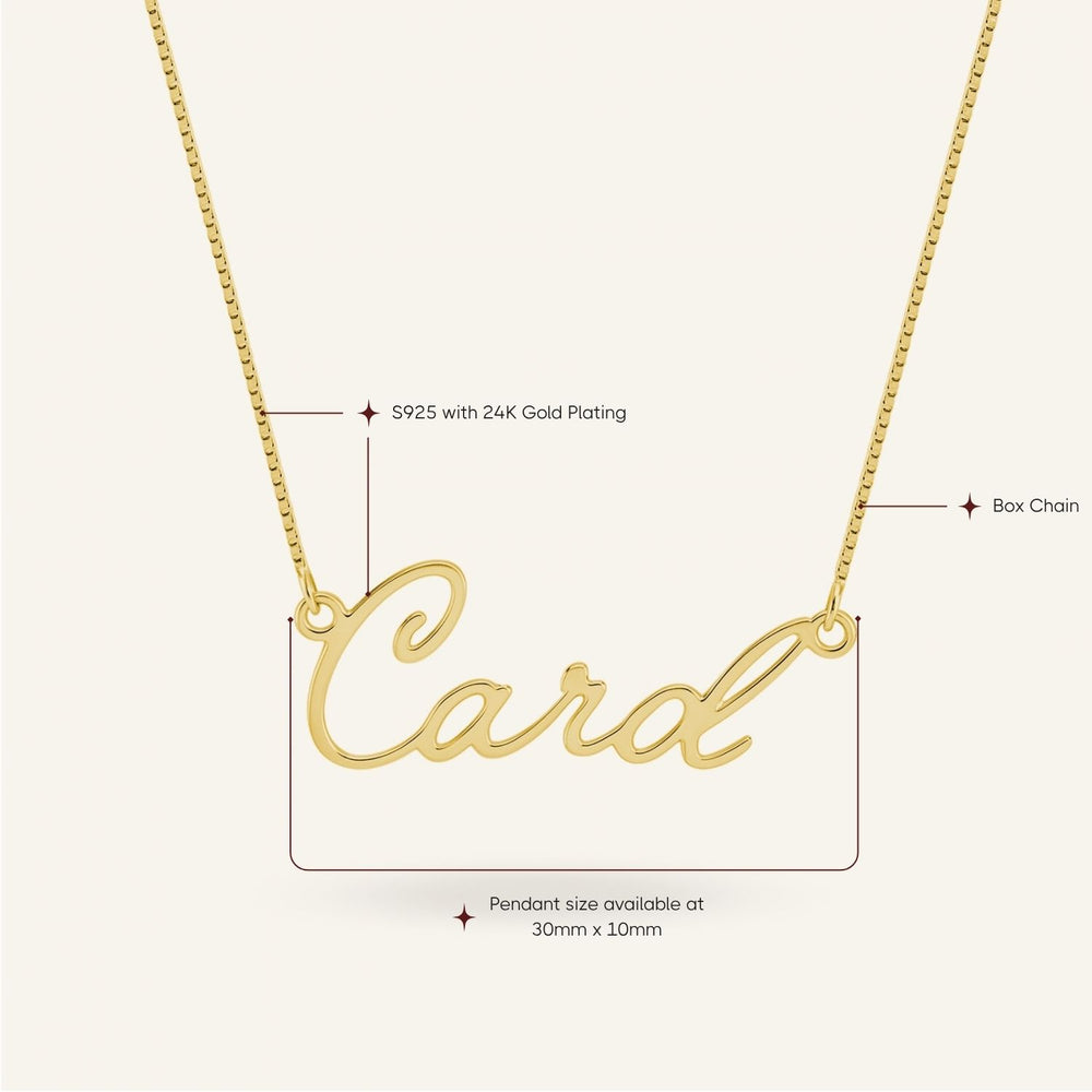 Gold-plated sterling silver name necklace with "Card" inscription, showing pendant size (30x10mm) and box chain details.