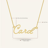 Gold-plated sterling silver name necklace with "Card" inscription, showing pendant size (30x10mm) and box chain details.