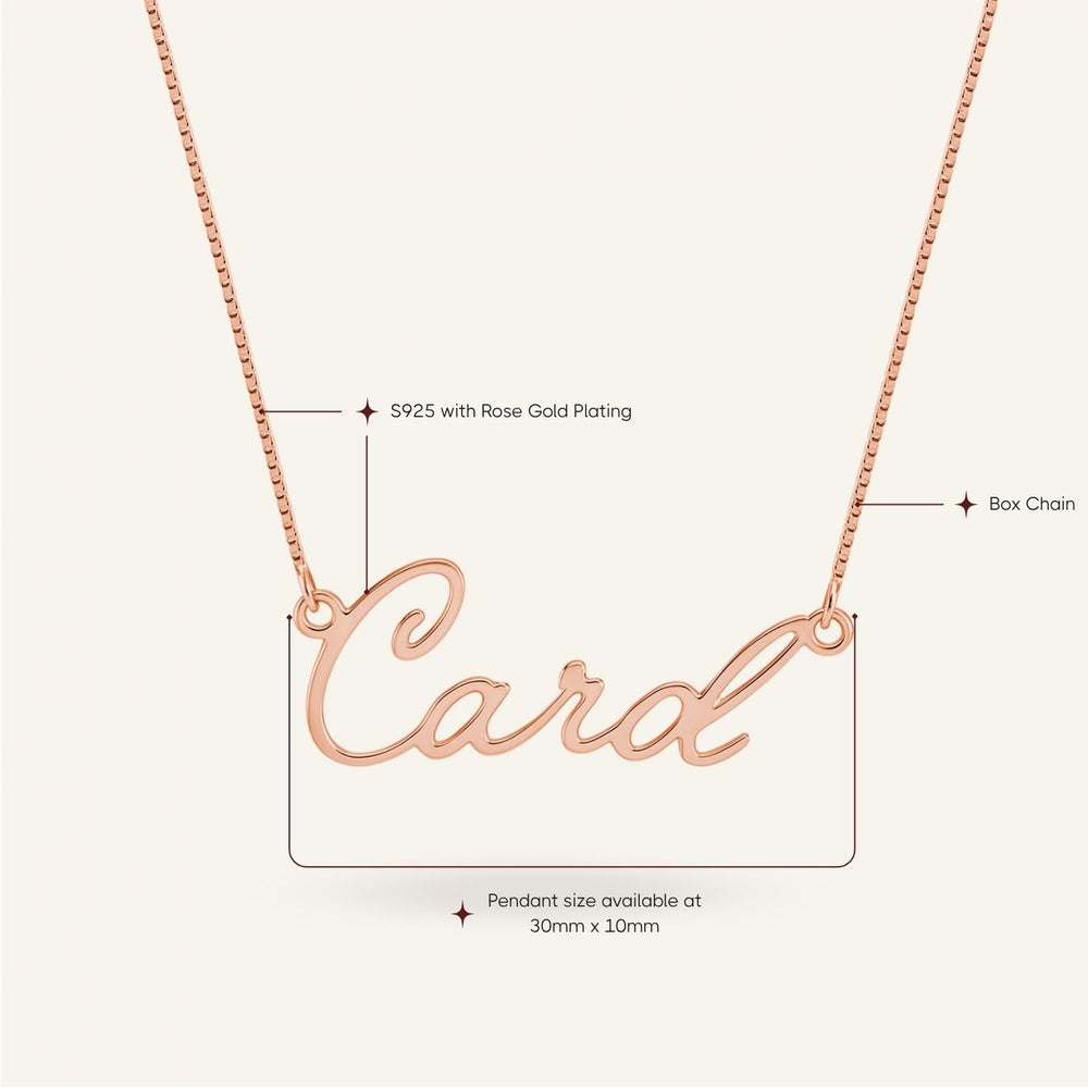 Rose gold-plated sterling silver name necklace with "Card" inscription, highlighting S925 with rose gold plating.