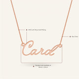Rose gold-plated sterling silver name necklace with "Card" inscription, highlighting S925 with rose gold plating.
