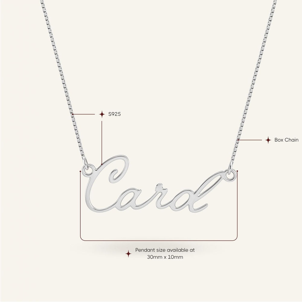 Sterling silver name necklace with "Card" inscription, showcasing S925 material and box chain details.