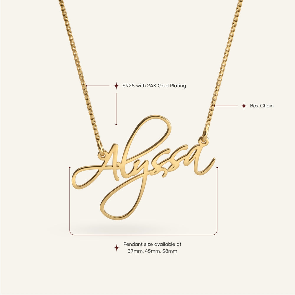 Informational image of a 24K gold plated sterling silver "Alyssa" script name necklace, detailing S925, box chain, and
