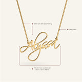 Informational image of a 24K gold plated sterling silver "Alyssa" script name necklace, detailing S925, box chain, and