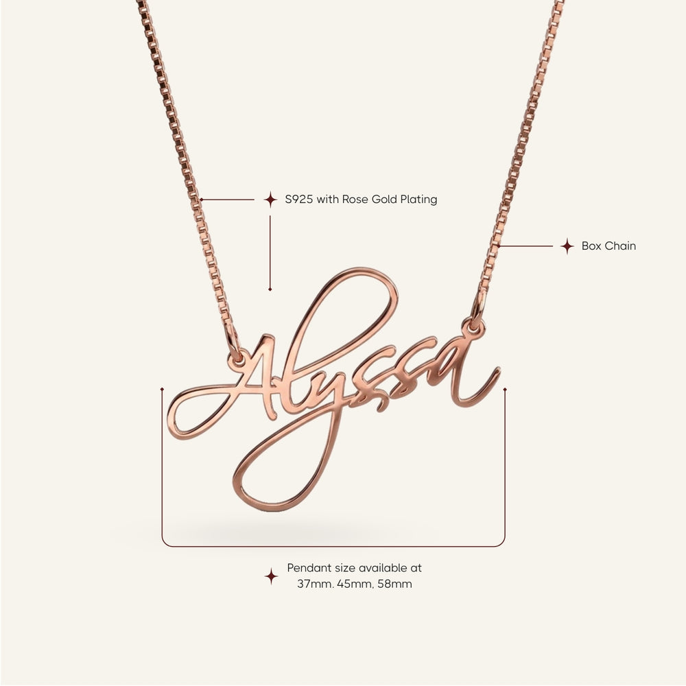 Informational image of a rose gold plated sterling silver "Alyssa" script name necklace, detailing S925, box chain, and