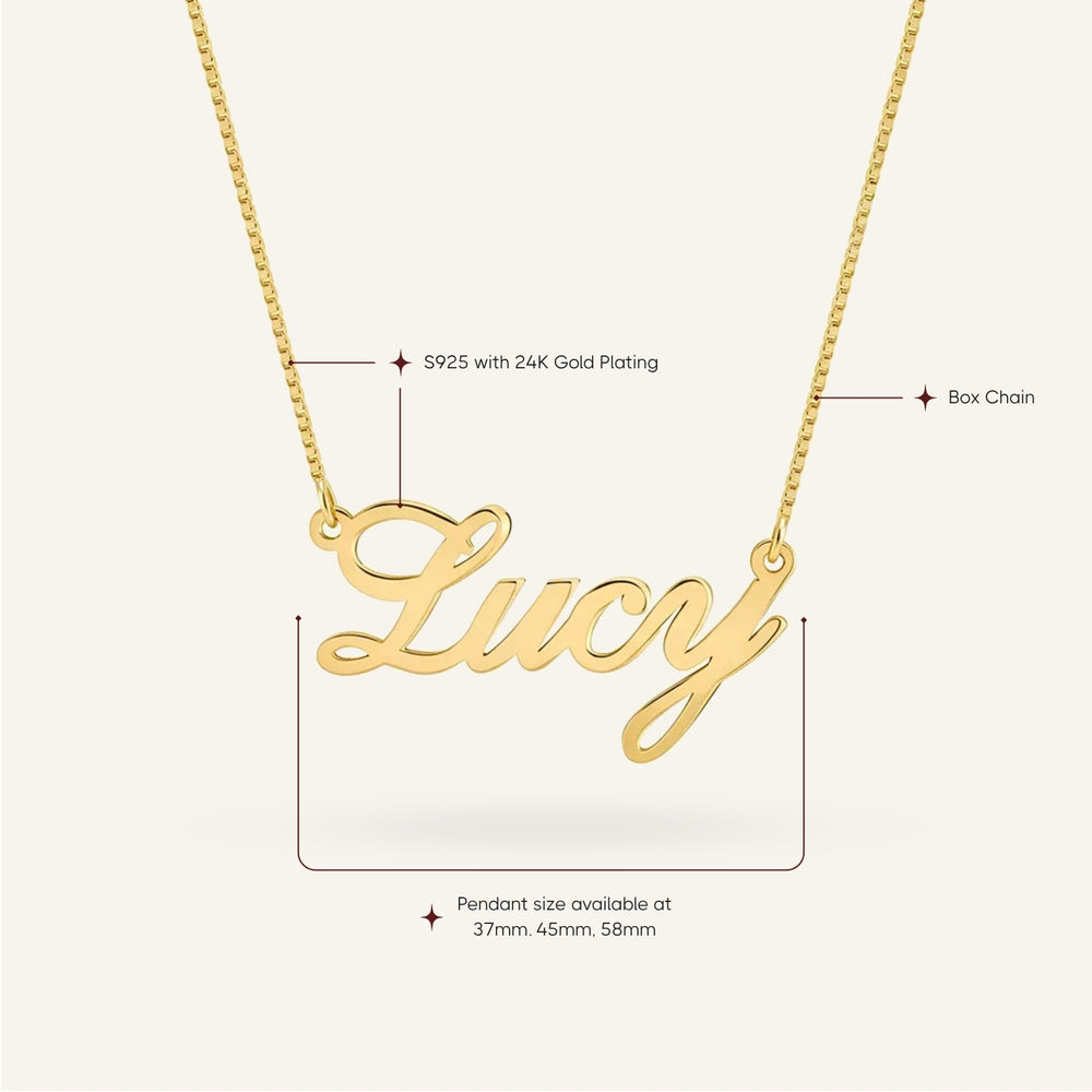 Personalized 'Lucy' name necklace in rose gold plating with details on S925, box chain, and pendant size options.