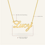 Personalized 'Lucy' name necklace in rose gold plating with details on S925, box chain, and pendant size options.