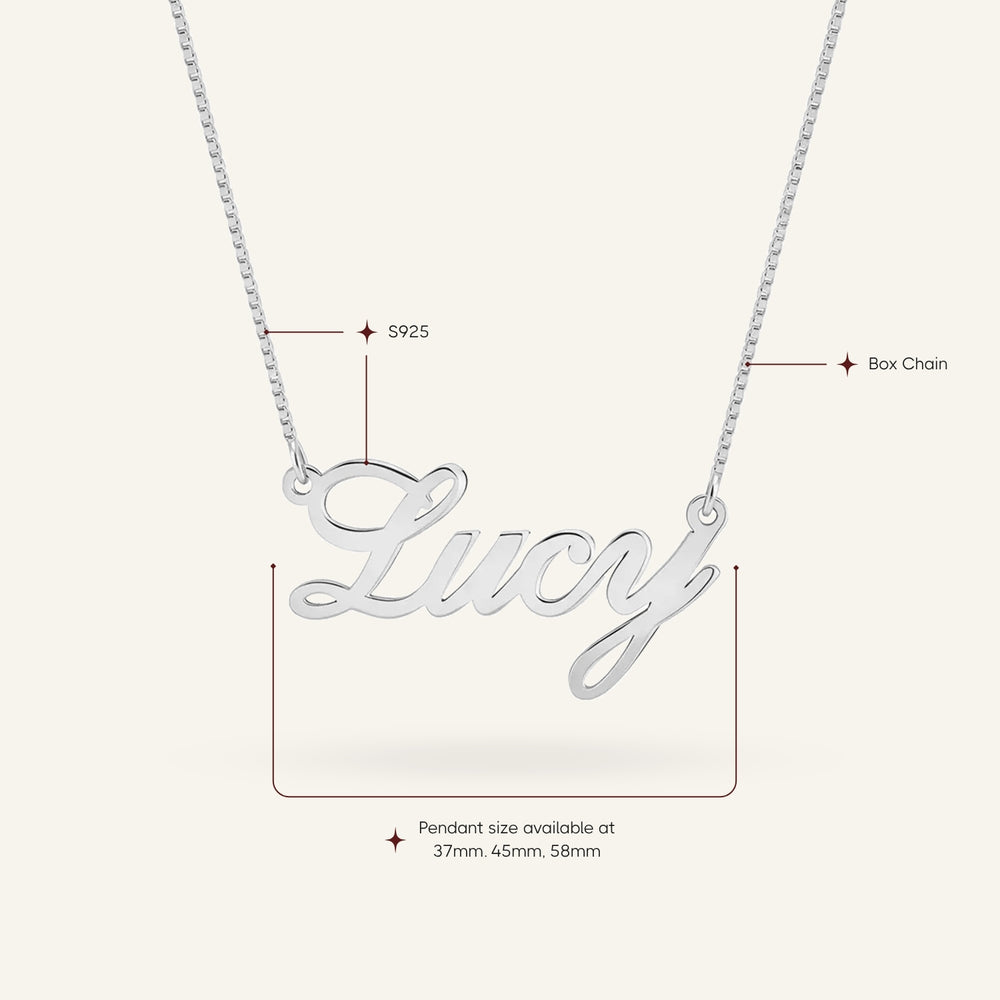 Close-up of a sterling silver custom name necklace with 'Lucy' pendant, showing S925 mark and size options.