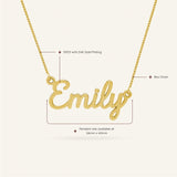 Detailed view of the 24k gold-plated sterling silver "Emily" name necklace, highlighting the S925 material, box chain, and